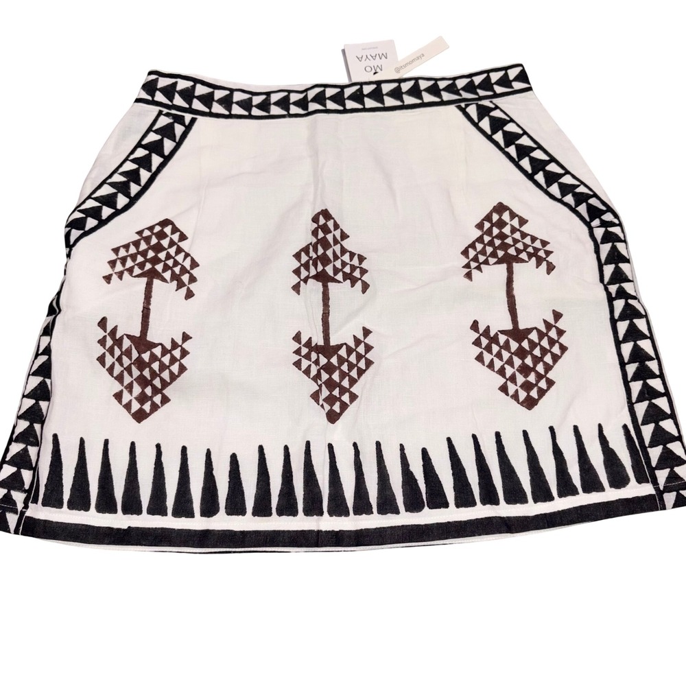 NWT Tara Mini Skirt Womens XL White Geometric Embroidered Linen Mo Maya